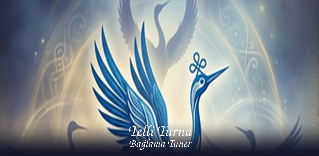 Telli Turna Bağlama Tuner – stylised blue crane in front of golden light