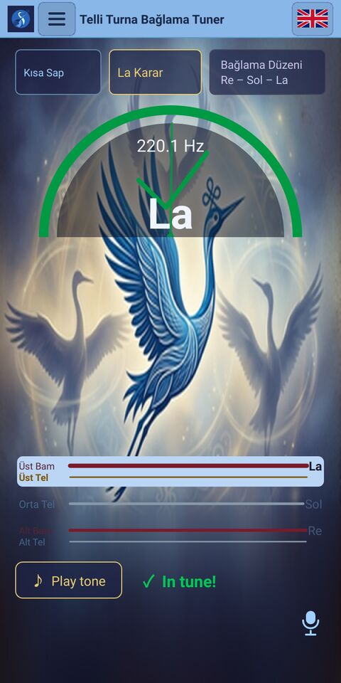 Screenshot: note La detected at 220.2 Hz, display green, message In tune